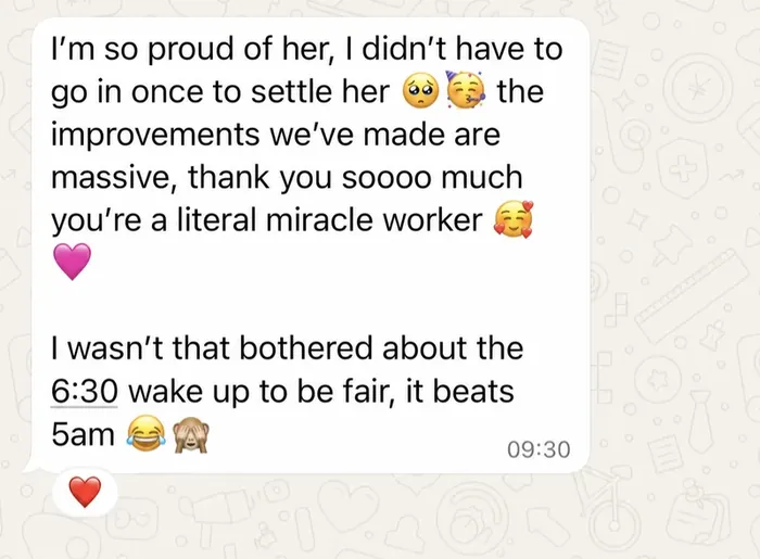 WhatsApp message from a Sweet Night Baby client about her baby settling independently and waking at 6:30 instead of 5am